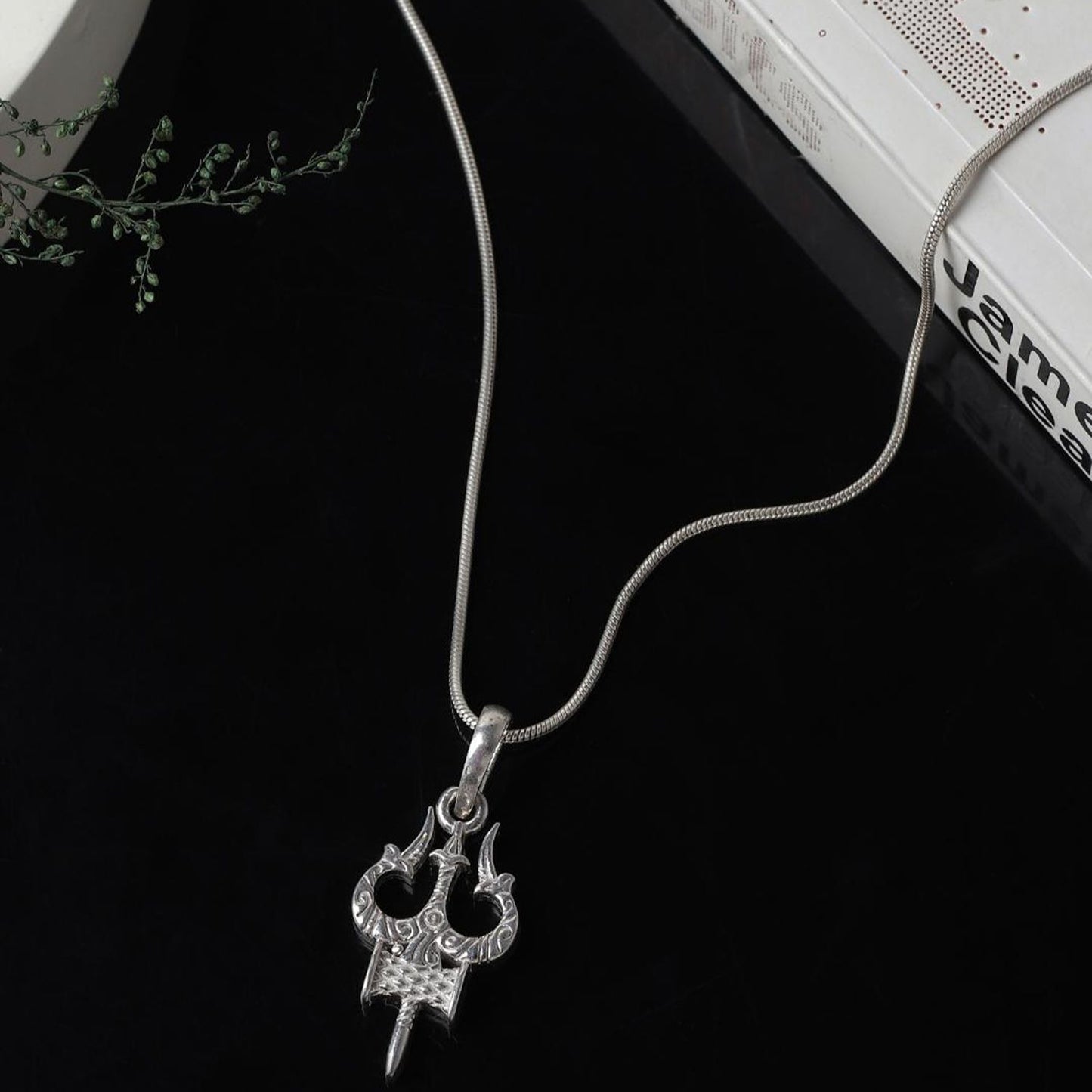 Akshat Sapphire Sterling Silver (92.5% purity) Spiritual Shiva Trishul Chain Pendant  (Pendant with Curb Chain-22 inches) for Men & Women Pure Silver Divine Shiva Trishul Chain Locket for Good Health & Wealth