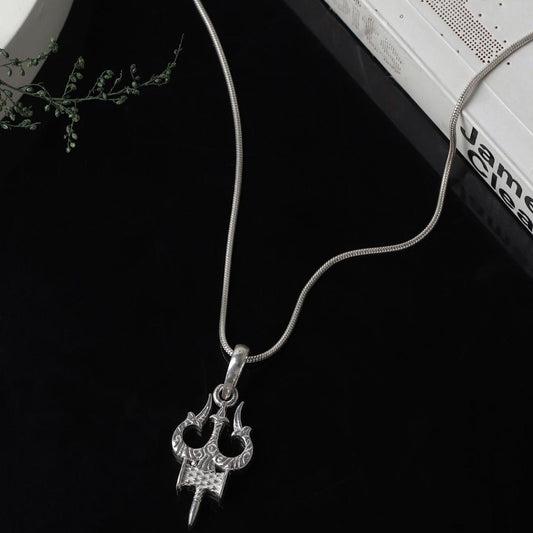 Akshat Sapphire Sterling Silver (92.5% purity) Spiritual Shiva Trishul Chain Pendant  (Pendant with Curb Chain-22 inches) for Men & Women Pure Silver Divine Shiva Trishul Chain Locket for Good Health & Wealth