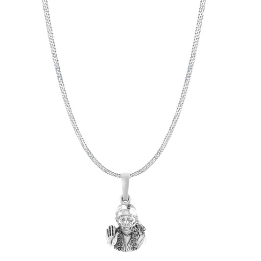 AKSHAT SAPPHIRE Sterling Silver (Silver with 92.5% purity) God Shree Sai Baba chain Pendant (Pendant with Curb Chain-22 inches) for Men & Women Pure Sterling Silver Lord Sai Baba chain Locket For Good Wealth & Health