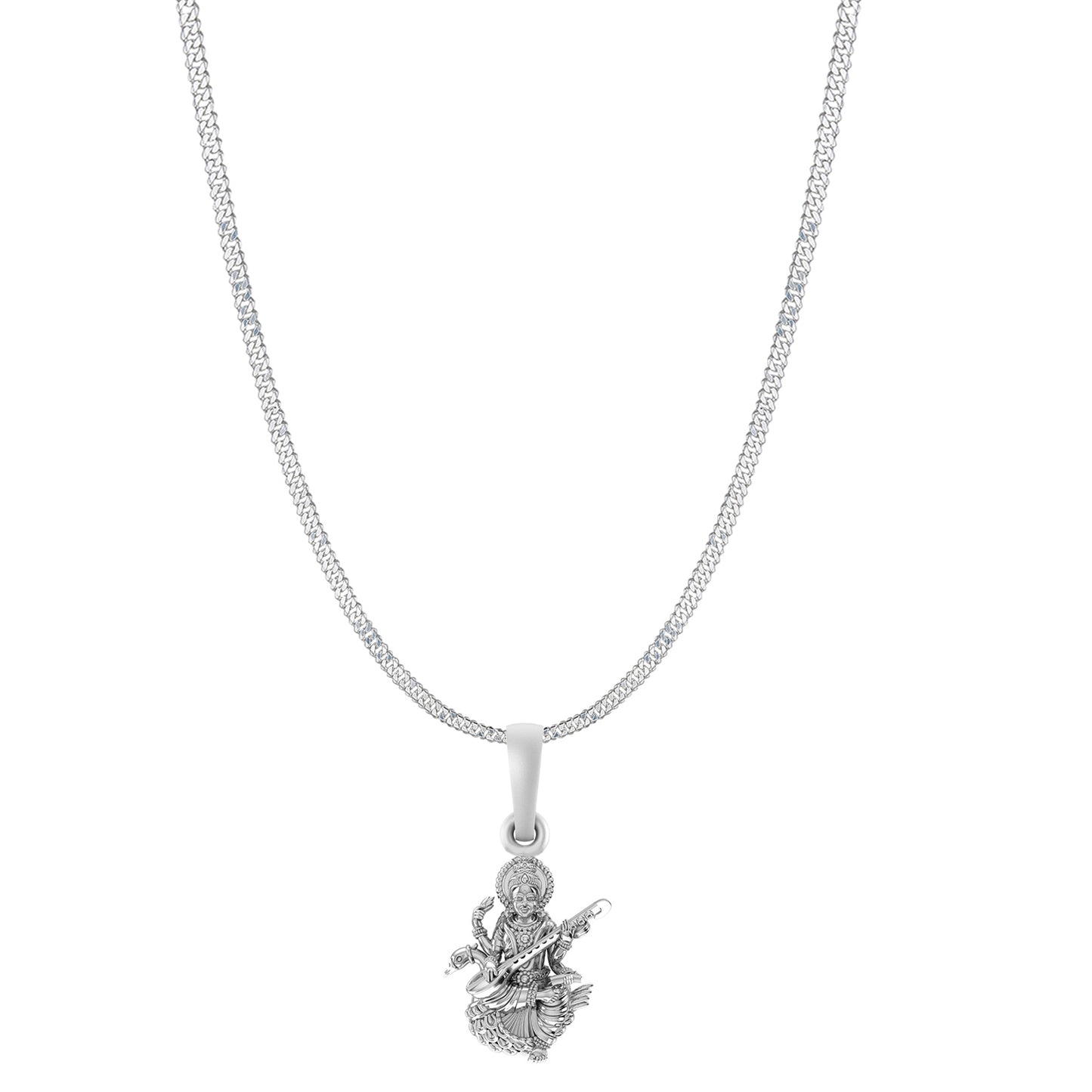 Akshat Sapphire Sterling Silver (92.5% purity) Goddess Saraswati Maa Chain Pendant (Pendant with Curb Chain-22 inches) for Men & Women Pure Silver Lord Saraswati Maa Chain Locket for Health & Wealth