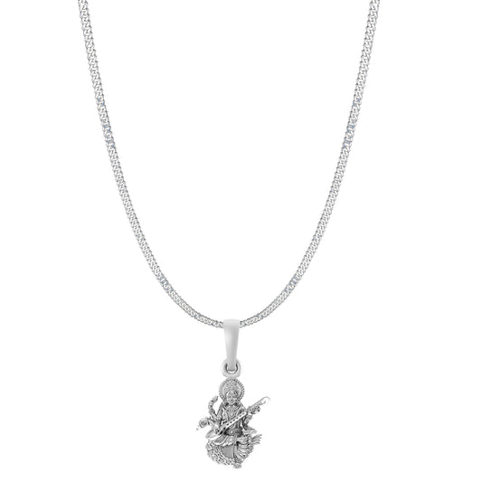 Akshat Sapphire Sterling Silver (92.5% purity) Goddess Saraswati Maa Chain Pendant (Pendant with Curb Chain-22 inches) for Men & Women Pure Silver Lord Saraswati Maa Chain Locket for Health & Wealth
