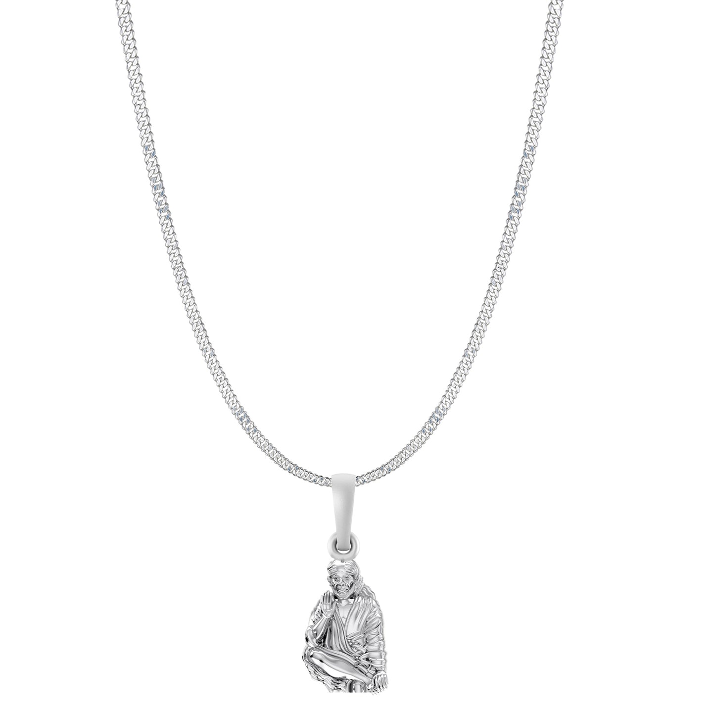 AKSHAT SAPPHIRE Sterling Silver (Silver with 92.5% purity) God Shree Sai Baba chain Pendant (Pendant with Curb Chain-22 inches) for Men & Women Pure Sterling Silver Lord Sai Baba chain Locket For Good Wealth & Health