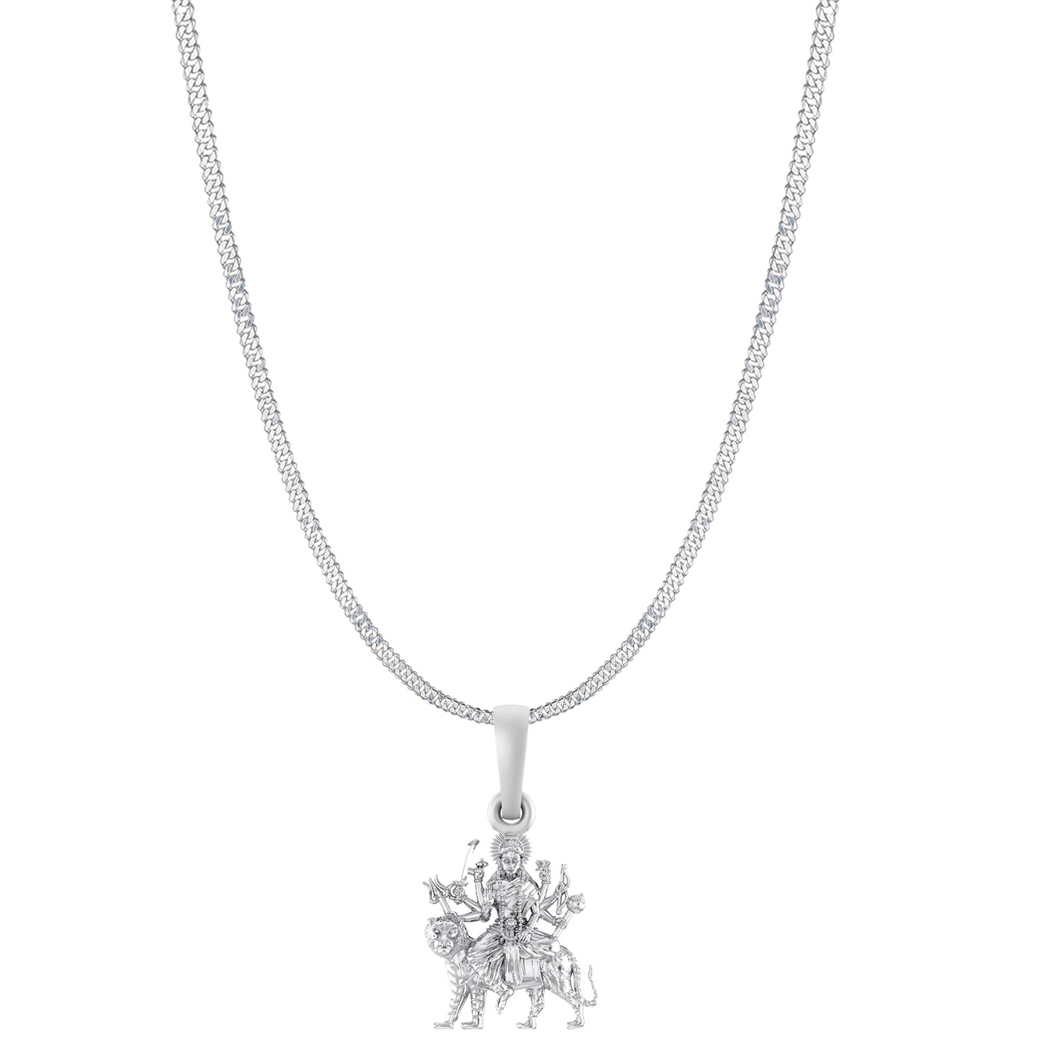 Akshat Sapphire Sterling Silver (92.5% purity) Goddess Durga Maa Chain Pendant (Pendant with Curb Chain-22 inches) for Men & Women Pure Silver Durga Maa chain Locket for Good Health & Wealth