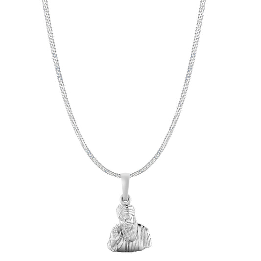 Guru Nanak Chain Pendant (Pendant with Curb Chain-22 inches) for Men and women Pure Silver spiritual Punjabi Sikh Sardar Baba Guru Nanak Chain Locket for Good Luck, Health & Wealth