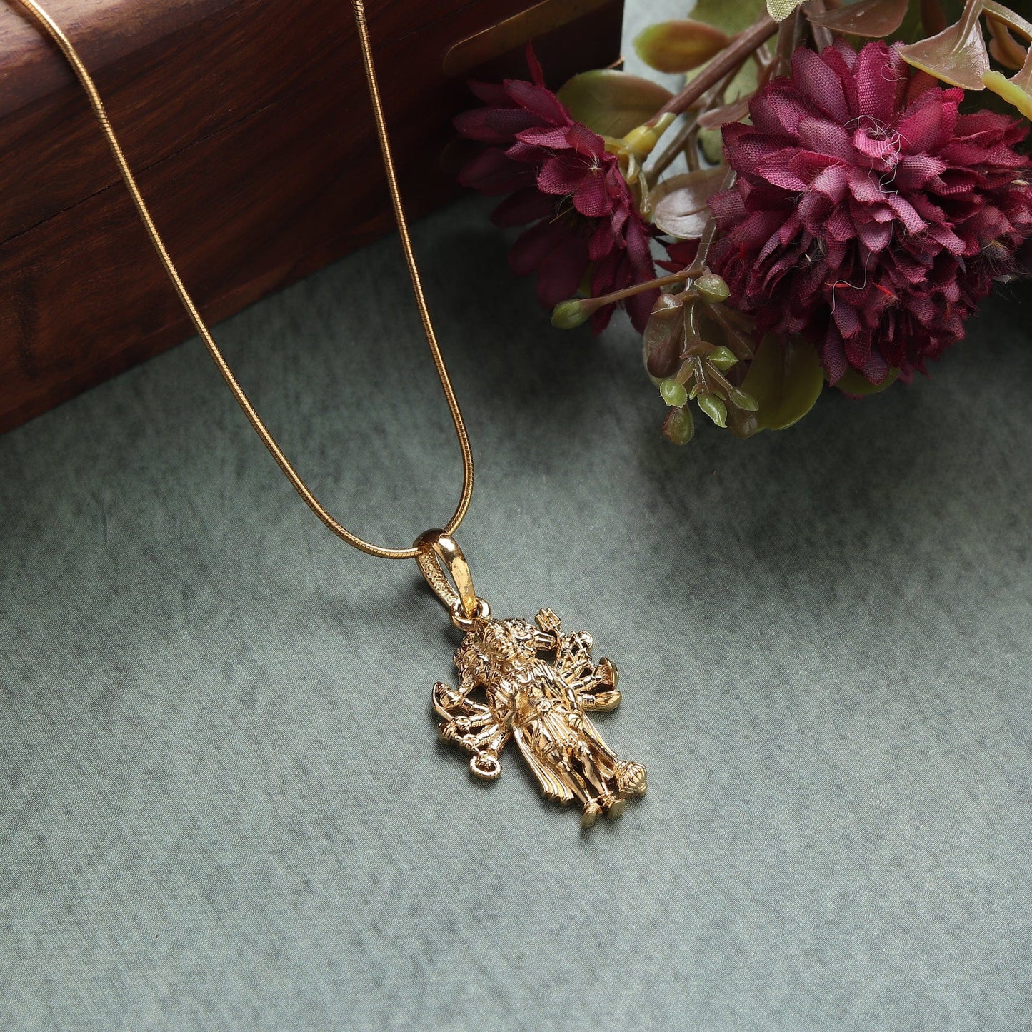 22KT Gold Plated Sterling Silver (92.5% Purity) Pure Silver God Panchmukhi Hanuman Chain Pendant (Locket with Curb Chain- 22 inches) for Men & Women