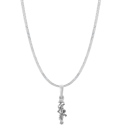 Akshat Sapphire Sterling Silver (92.5% purity) God Krishna Chain Pendant (Pendant with Curb Chain-22 inches) for Men & Women Pure Silver Lord Krishna Chain Locket for Good Health & Wealth