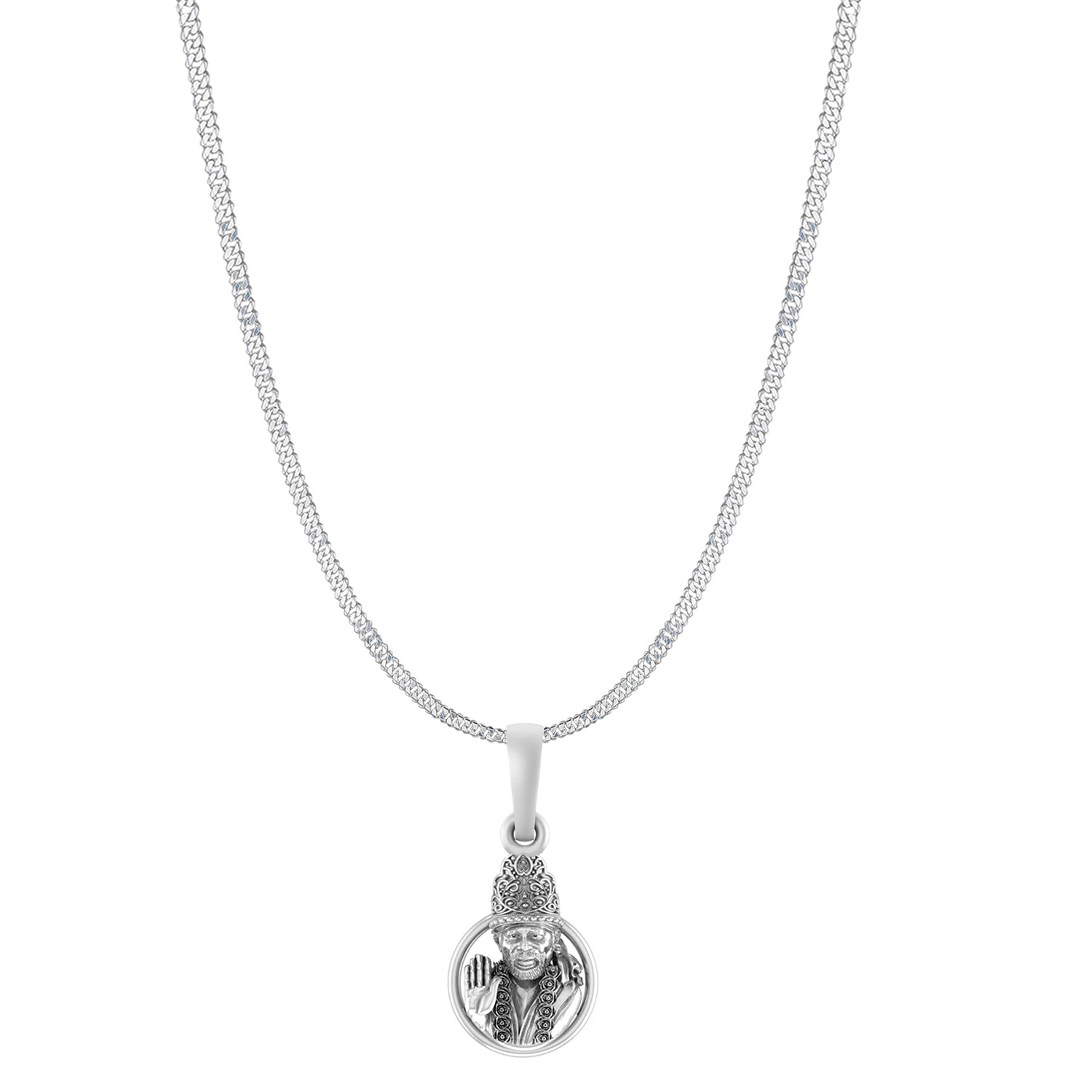 AKSHAT SAPPHIRE Sterling Silver (Silver with 92.5% purity) God Shree Sai Baba chain Pendant (Pendant with Curb Chain-22 inches) for Men & Women Pure Sterling Silver Lord Sai Baba chain Locket For Good Wealth & Health