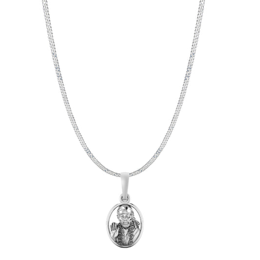 AKSHAT SAPPHIRE Sterling Silver (Silver with 92.5% purity) God Shree Sai Baba chain Pendant (Pendant with Curb Chain-22 inches) for Men & Women Pure Sterling Silver Lord Sai Baba chain Locket For Good Wealth & Health