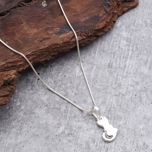 Akshat Sapphire Sterling Silver (92.5% purity) Stylish and Fashionable Cute Cat Chain Pendant (Pendant with Curb Chain-22 inches) for Men & Women Pure Silver Cat Chain Locket for Happiness and joy