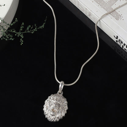 Sterling Silver (92.5% Purity) Pure Silver God Vishnu Narsimha Chain Pendant (Locket with Curb Chain-22 inches) for Men & Women