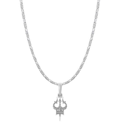 Akshat Sapphire Sterling Silver (92.5% purity) Spiritual Shiva Trishul Chain Pendant  (Pendant with Figaro Chain-22 inches) for Men & Women Pure Silver Divine Shiva Trishul Chain Locket for Good Health & Wealth