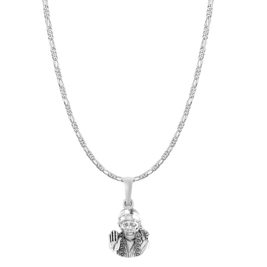 AKSHAT SAPPHIRE Sterling Silver (Silver with 92.5% purity) God Shree Sai Baba chain Pendant (Pendant with Figaro Chain-22 inches) for Men & Women Pure Sterling Silver Lord Sai Baba chain Locket For Good Wealth & Health