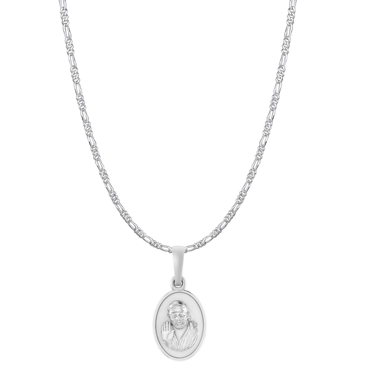 AKSHAT SAPPHIRE Sterling Silver (Silver with 92.5% purity) God Shree Sai Baba chain Pendant (Pendant with Figaro Chain-22 inches) for Men & Women Pure Sterling Silver Lord Sai Baba chain Locket For Good Wealth & Health