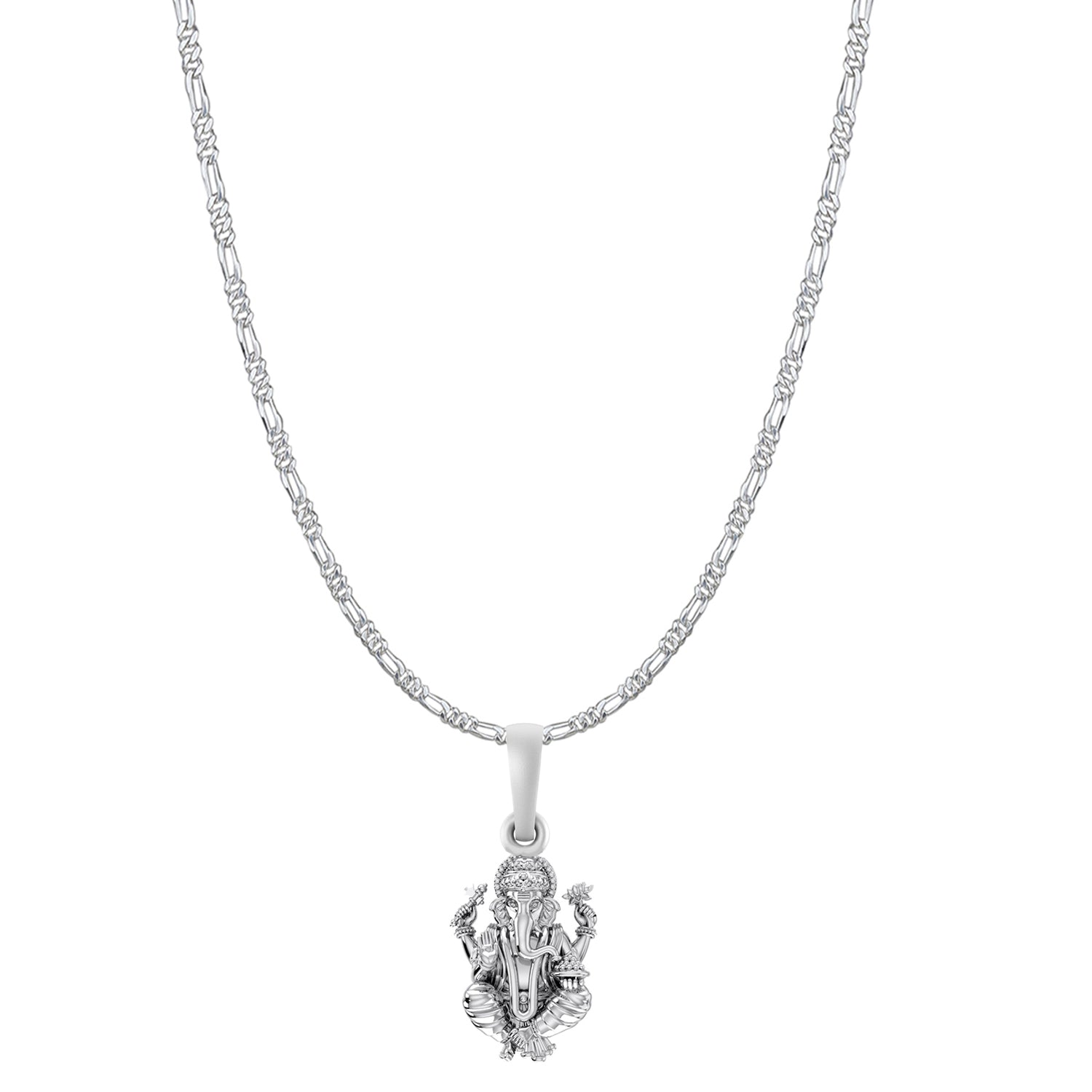 Akshat Sapphire Sterling Silver (92.5% purity) God Ganesha Chain Pendant (Pendant with Figaro Chain-22 inches) for Men & Women Pure Silver Lord Ganapathy Chain Locket for Good Health & Wealth