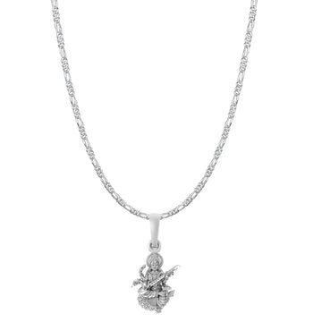Akshat Sapphire Sterling Silver (92.5% purity) Goddess Saraswati Maa Chain Pendant (Pendant with Figaro Chain-22 inches) for Men & Women Pure Silver Lord Saraswati Maa Chain Locket for Health & Wealth