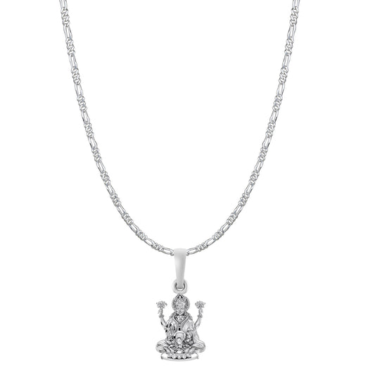 Akshat Sapphire Sterling Silver (92.5% purity) Goddess Laxmi Ji Chain Pendant (Pendant with Figaro Chain-22 inches) for Men & Women Pure Silver Lord Laxmi Ji Chain Locket for Health & Wealth