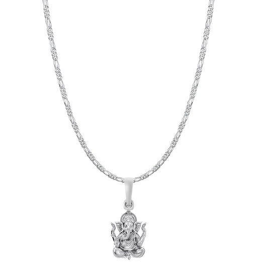 Akshat Sapphire Sterling Silver (92.5% purity) God Ganesha Chain Pendant (Pendant with Figaro Chain-22 inches) for Men & Women Pure Silver Lord Ganapathy Chain Locket for Good Health & Wealth