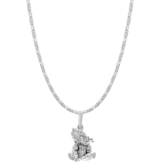 Akshat Sapphire Sterling Silver (92.5% purity) God Ganesha Chain Pendant (Pendant with Figaro Chain-22 inches) for Men & Women Pure Silver Lord Ganapathy Chain Locket for Good Health & Wealth