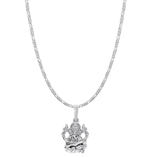 Akshat Sapphire Sterling Silver (92.5% purity) God Ganesha Chain Pendant (Pendant with Figaro Chain-22 inches) for Men & Women Pure Silver Lord Ganapathy Chain Locket for Good Health & Wealth