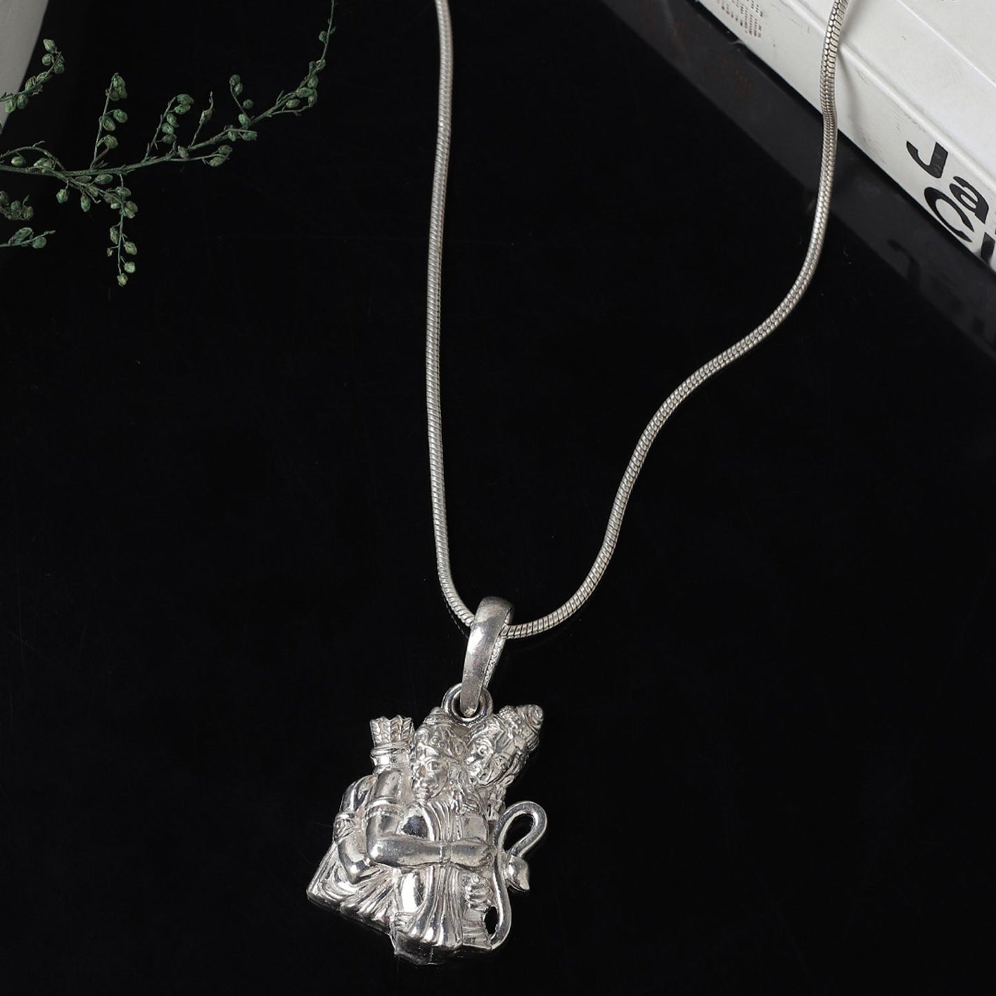 God Hanuman Chain Pendant (Pendant with Figaro Chain- 22 inches) for Men & Women Pure Silver Lord bajrang bali Chain Locket for Good Health & Wealth
