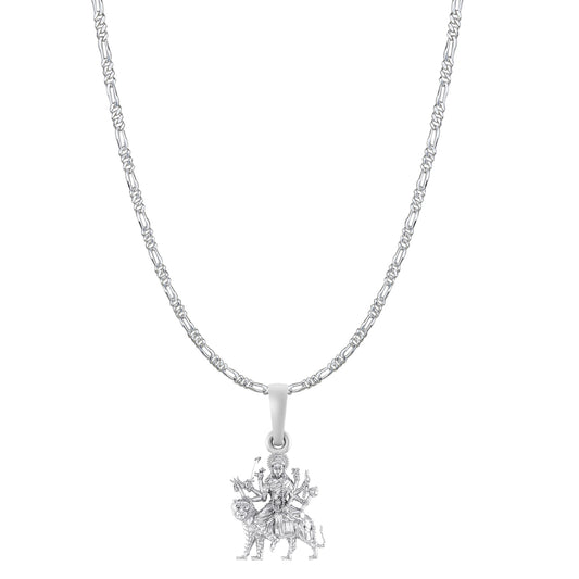 Akshat Sapphire Sterling Silver (92.5% purity) Goddess Durga Maa Chain Pendant (Pendant with Figaro Chain-22 inches) for Men & Women Pure Silver Durga Maa chain Locket for Good Health & Wealth
