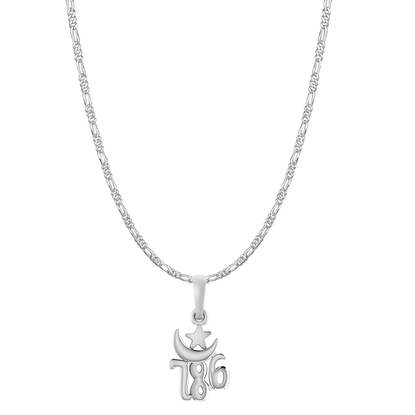 Religious and lucky 786 Chain Pendant (Pendant with Figaro Chain-22 inches) for Men and women Pure Silver Muslim spiritual 786 Chain Locket for Good Luck, Health & Wealth