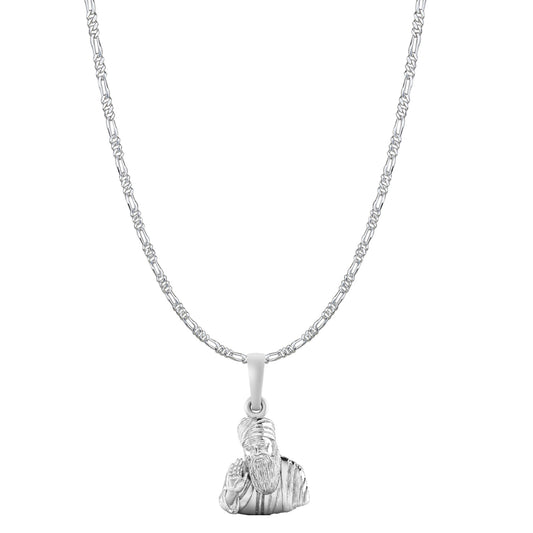 Guru Nanak Chain Pendant (Pendant with Figaro Chain-22 inches) for Men and women Pure Silver spiritual Punjabi Sikh Sardar Baba Guru Nanak Chain Locket for Good Luck, Health & Wealth