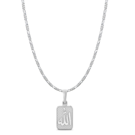 Religious God Allah Barkat Chain Pendant (Pendant with Figaro Chain-22 inches) for Men and women Pure Silver spiritual Islamic Muslim Allah Barkat Kareem symbol Chain Locket for Good Luck, Health & Wealth