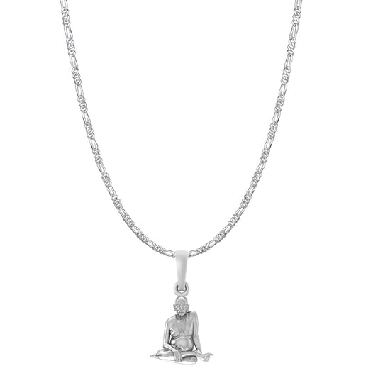 Akshat Sapphire Sterling Silver (92.5% purity) Spiritual Swami Samarth Chain Pendant (Pendant with Figaro Chain-22 inches) for Men and women Pure Silver religious Swami of Akkalkot Swami Smarth Chain Locket for Good Luck, Health & Wealth