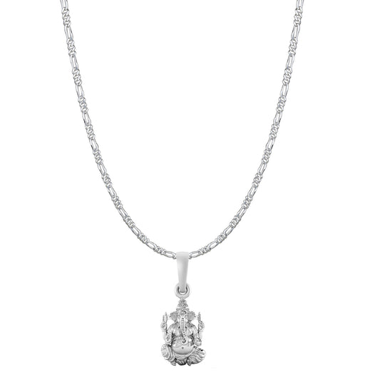 Akshat Sapphire Sterling Silver (92.5% purity) God Ganesha Chain Pendant (Pendant with Figaro Chain-22 inches) for Men & Women Pure Silver Lord Ganapathy Chain Locket for Good Health & Wealth