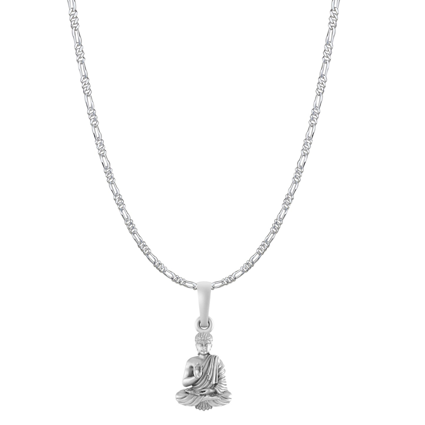 Akshat Sapphire Sterling Silver (92.5% purity) Spiritual God Gautam Buddha Chain Pendant (Pendant with Figaro Chain-22 inches) for Men & Women Pure Silver religious Gautam buddh Chain Locket for Good Health & Wealth