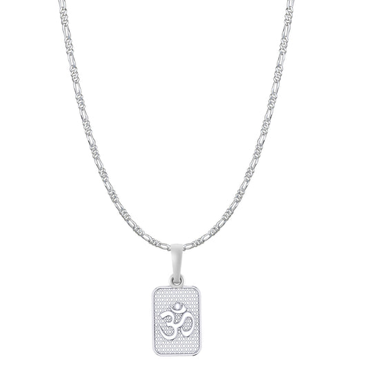 Akshat Sapphire Sterling Silver (92.5% purity) Spiritual OM Chain Pendant (Pendant with Figaro Chain-22 inches) for Men & Women Pure Silver Divine OM Chain Locket for Health & Wealth