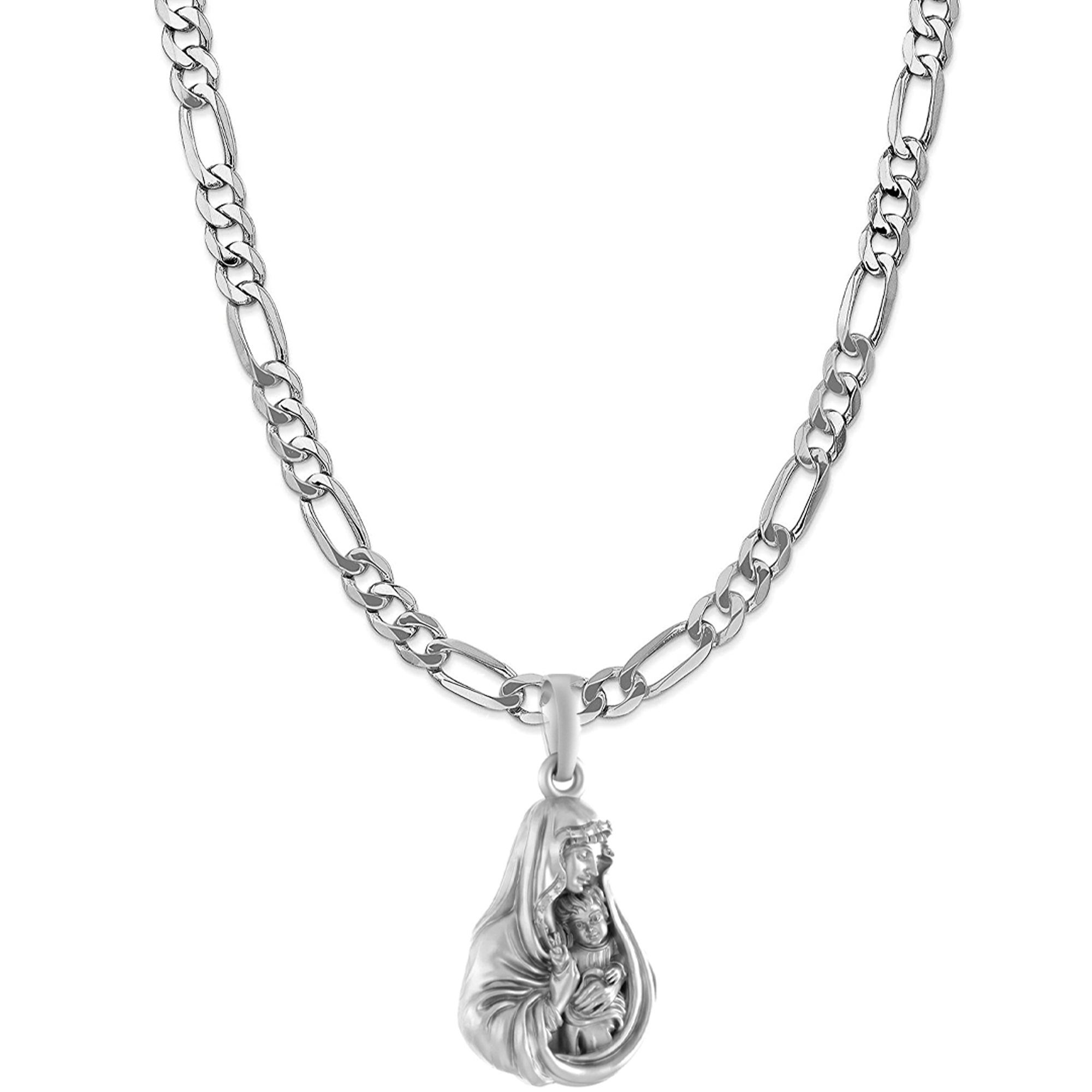 Akshat Sapphire Sterling Silver (92.5% purity) God Mother Mary chain Pendant (Pendant with Figaro Chain-22 inches) for Men & Women Pure Silver Mother Marry chain Locket for Good Health & Wealth