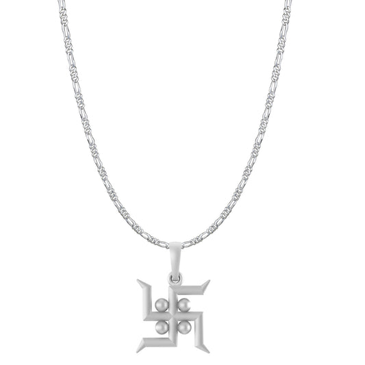 Akshat Sapphire Sterling Silver (92.5% purity) Spiritual Swastik Symbol Chain Pendant (Pendant with Figaro Chain-22 inches) for Men & Women Pure Silver Divine & prosperous  Swastik Chain Locket for Good Health & Wealth