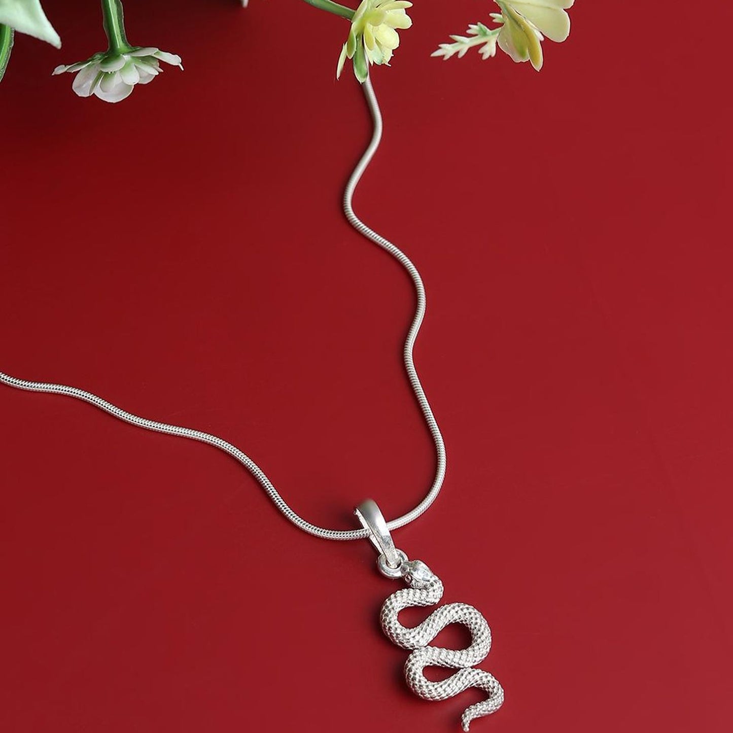 Stylish snake Pure Silver 92.5% purity Chain pendant by snake Pendant (Pendant with Figaro Chain-22 inches)
