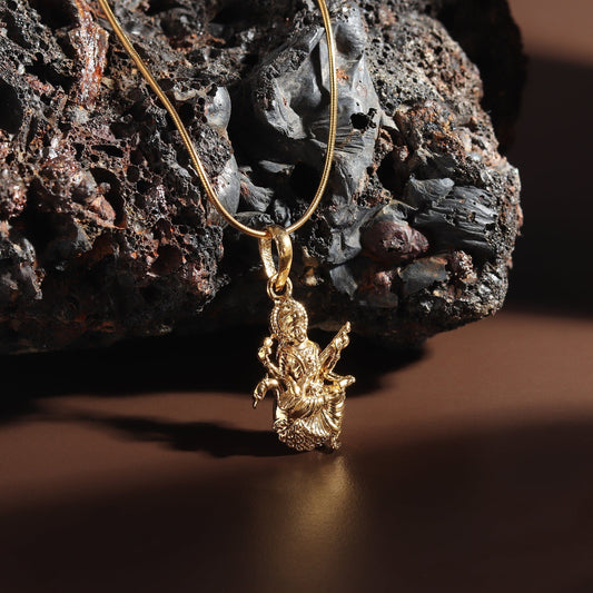 22KT Gold Plated Sterling Silver (92.5% Purity) Pure Silver Goddess Saraswati Maa Chain Pendant (Locket with Figaro Chain-22 inches) for Men & Women