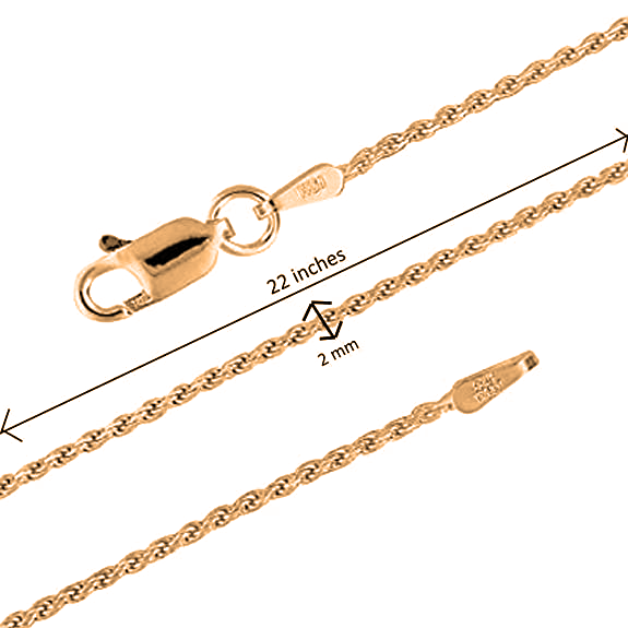 22 CT Gold Plated Silver (92.5% purity) Italian Rope chain (22 inches) for Men, Boys Girls and Women