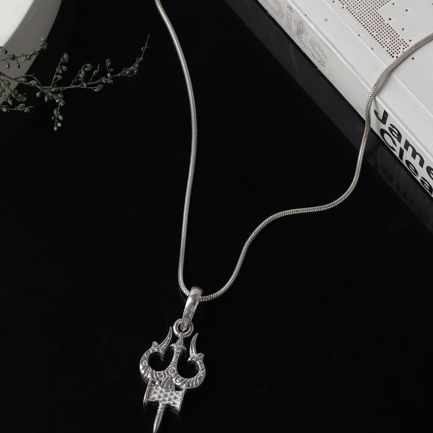 Akshat Sapphire Sterling Silver (92.5% purity) Spiritual Shiva Trishul Chain Pendant  (Pendant with Snake Chain-22 inches) for Men & Women Pure Silver Divine Shiva Trishul Chain Locket for Good Health & Wealth