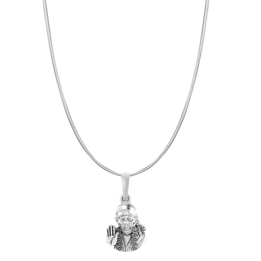 AKSHAT SAPPHIRE Sterling Silver (Silver with 92.5% purity) God Shree Sai Baba chain Pendant (Pendant with Snake Chain-22 inches) for Men & Women Pure Sterling Silver Lord Sai Baba chain Locket For Good Wealth & Health