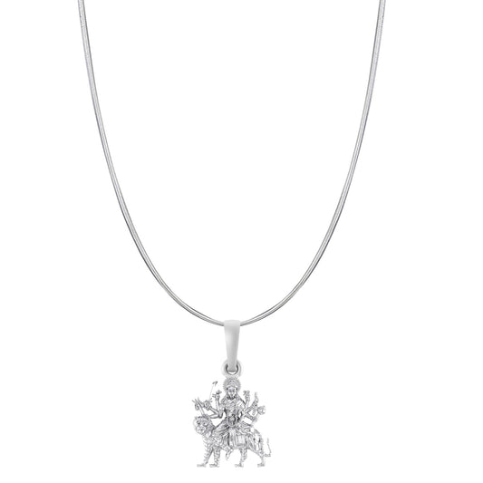 Akshat Sapphire Sterling Silver (92.5% purity) Goddess Durga Maa Chain Pendant (Pendant with Snake Chain-22 inches) for Men & Women Pure Silver Durga Maa chain Locket for Good Health & Wealth