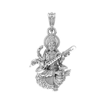 Akshat Sapphire 92.5% Pure Sterling Silver Goddess Maa Saraswati (Big Size) Pendant for Men & Women