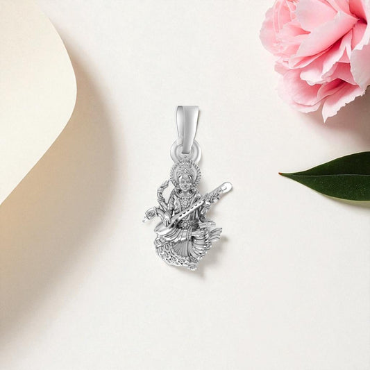 Akshat Sapphire Sterling Silver (92.5% purity) Goddess Maa Saraswati Pendant for Men & Women Pure Silver Lorddess Maa Saraswati Locket for Good Health & Wealth
