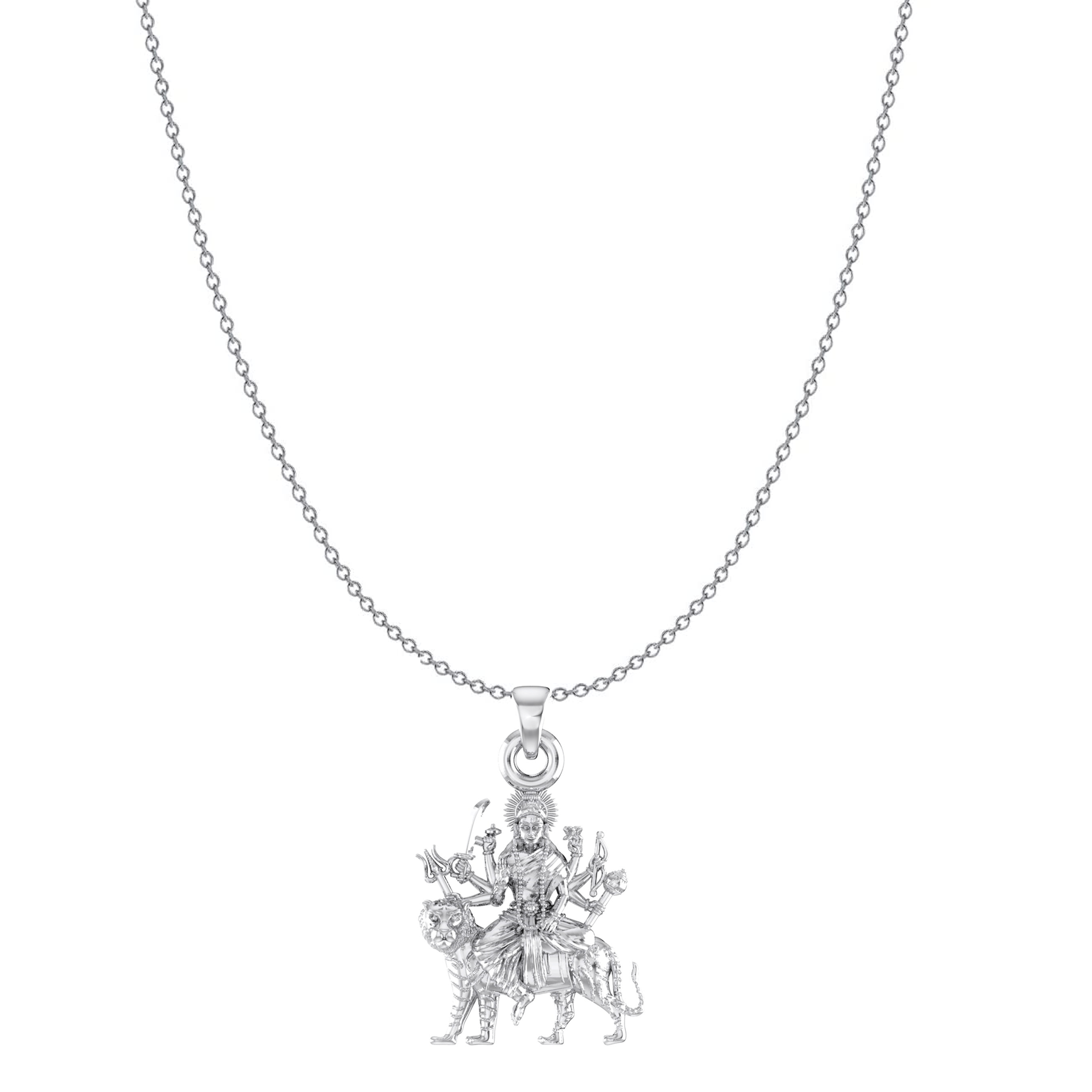 Akshat Sapphire Sterling Silver (92.5% purity) Goddess Durga Maa Chain Pendant (Pendant with Anchor/ Cable Chain Chain) for Men & Women Pure Silver Durga Maa chain Locket for Good Health & Wealth