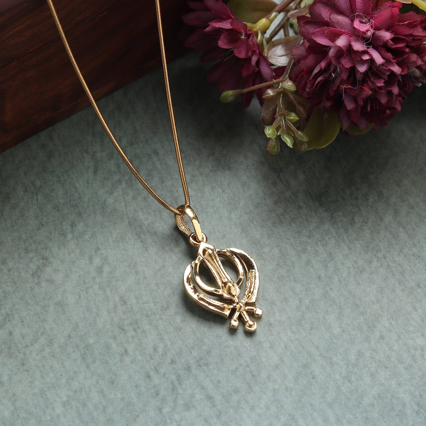 22KT Gold Plated Sterling Silver (92.5% Purity) Pure Silver Sikh Khanda Symbol chain Pendant (Locket with Anchor/ Cable Chain Chain) for Men and Women