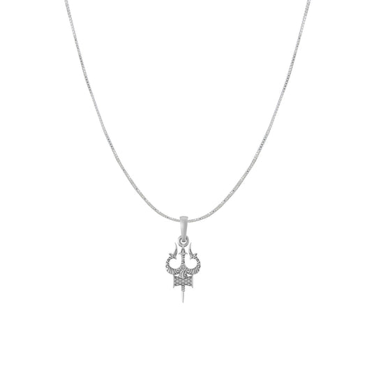 Akshat Sapphire Sterling Silver (92.5% purity) Spiritual Shiva Trishul Chain Pendant  (Pendant with Box Chain) for Men & Women Pure Silver Divine Shiva Trishul Chain Locket for Good Health & Wealth