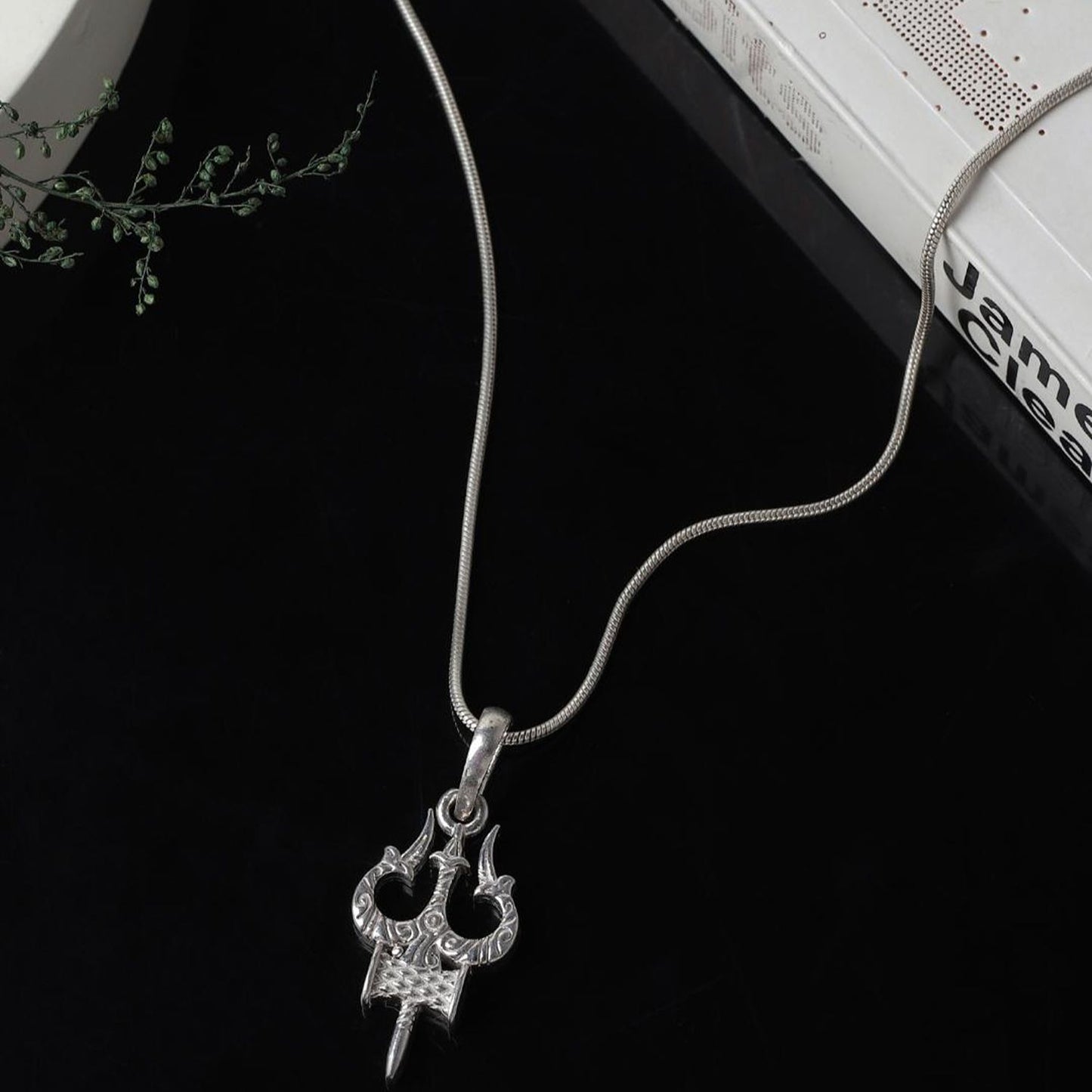 Akshat Sapphire Sterling Silver (92.5% purity) Spiritual Shiva Trishul Chain Pendant  (Pendant with Box Chain) for Men & Women Pure Silver Divine Shiva Trishul Chain Locket for Good Health & Wealth
