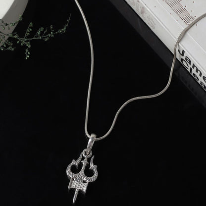 Akshat Sapphire Sterling Silver (92.5% purity) Spiritual Shiva Trishul Chain Pendant  (Pendant with Box Chain) for Men & Women Pure Silver Divine Shiva Trishul Chain Locket for Good Health & Wealth