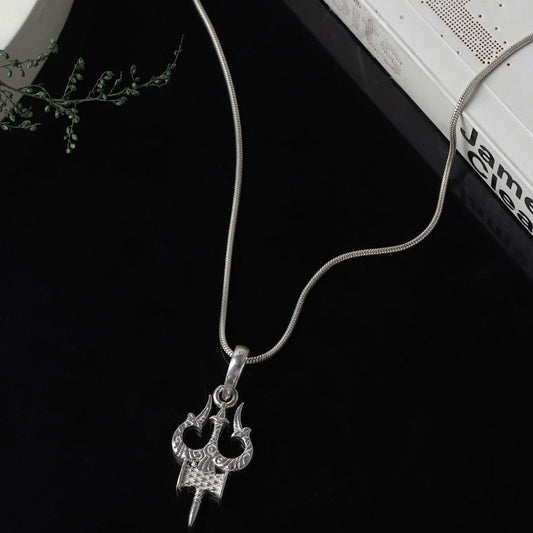 Akshat Sapphire Sterling Silver (92.5% purity) Spiritual Shiva Trishul Chain Pendant  (Pendant with Box Chain) for Men & Women Pure Silver Divine Shiva Trishul Chain Locket for Good Health & Wealth