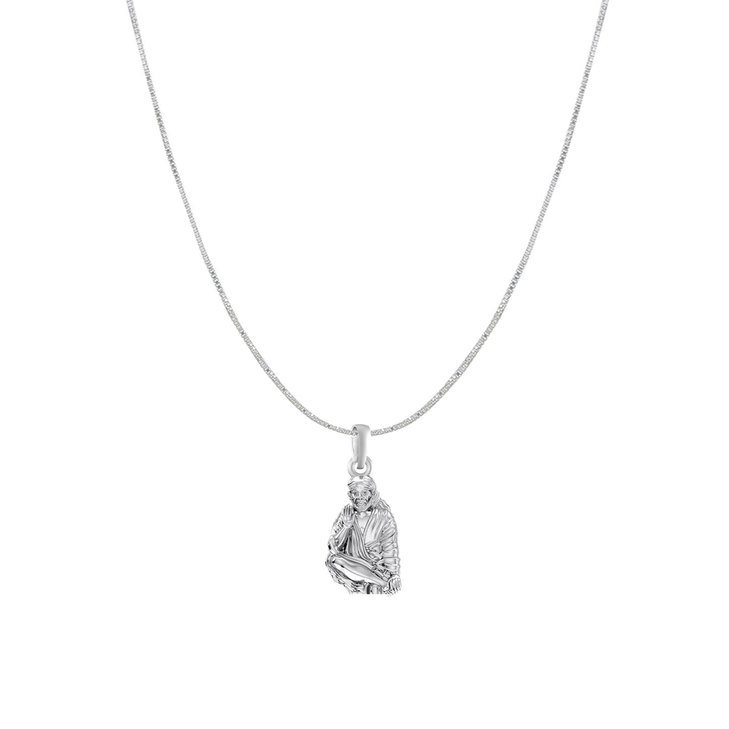 AKSHAT SAPPHIRE Sterling Silver (Silver with 92.5% purity) God Shree Sai Baba chain Pendant (Pendant with Box Chain) for Men & Women Pure Sterling Silver Lord Sai Baba chain Locket For Good Wealth & Health