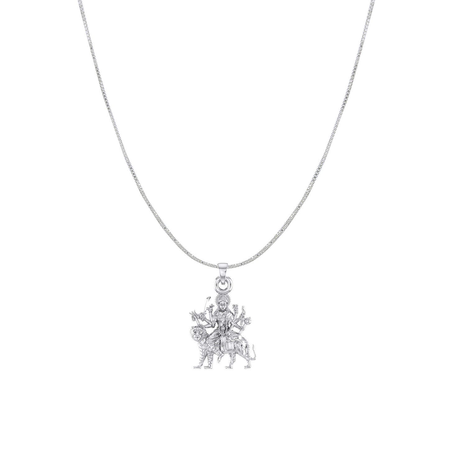 Akshat Sapphire Sterling Silver (92.5% purity) Goddess Durga Maa Chain Pendant (Pendant with Box Chain) for Men & Women Pure Silver Durga Maa chain Locket for Good Health & Wealth